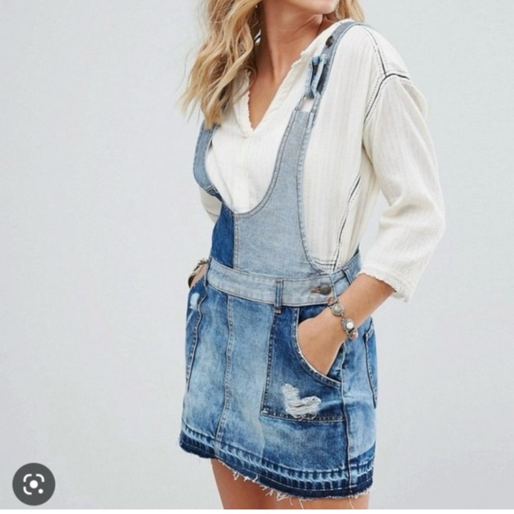 Free People Blue Denim Overalls Raw Hem